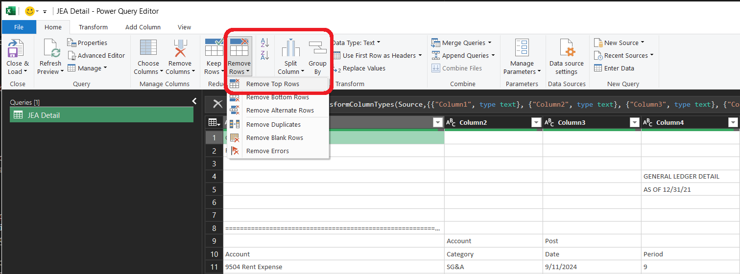 The Remove Top Rows dialog in Power Query, used to delete the report header lines above the real data.