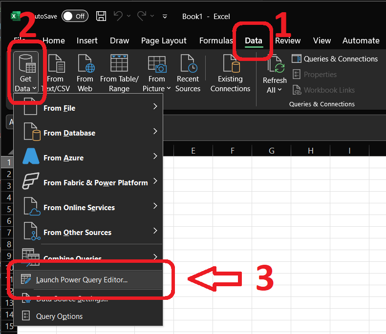 Excel Data tab with the Get Data menu open, showing the From File option used to launch Power Query.