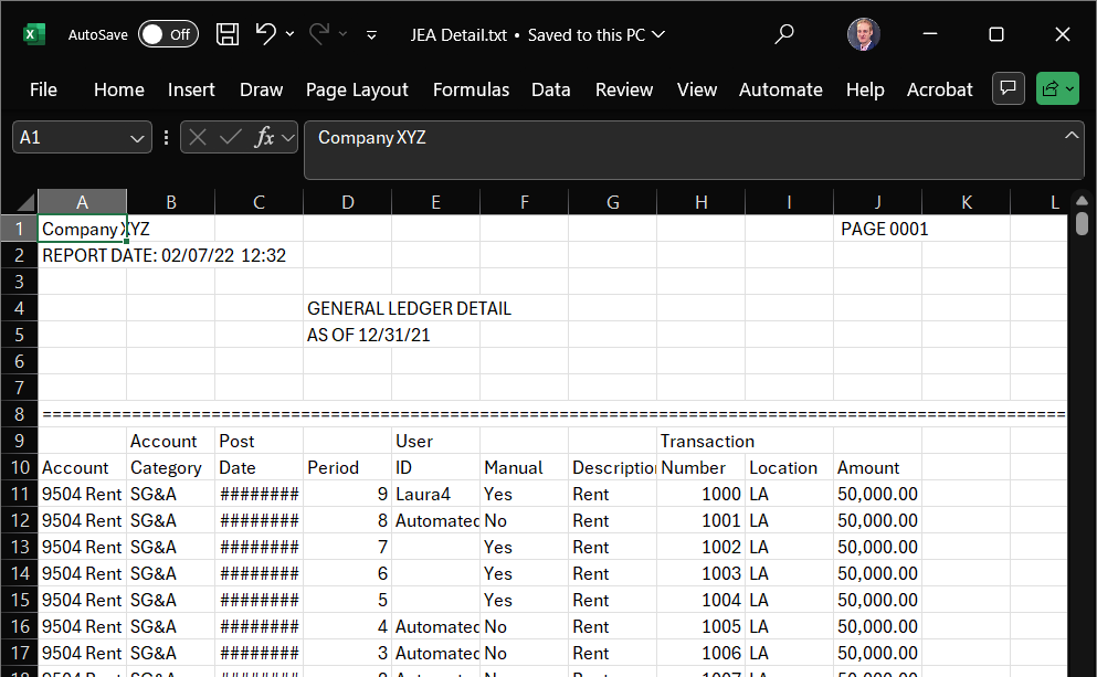 The Power Query import preview window showing JEA Detail.txt newly opened with the tab delimiter and the messy report header visible at the top.