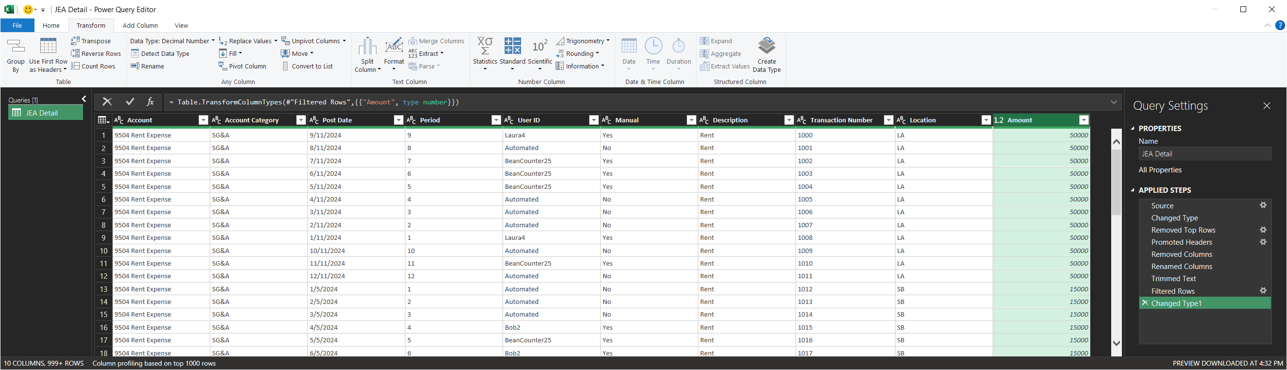 The Power Query editor showing the full Applied Steps list and the cleaned ten-column journal-entry table with headers in row one.