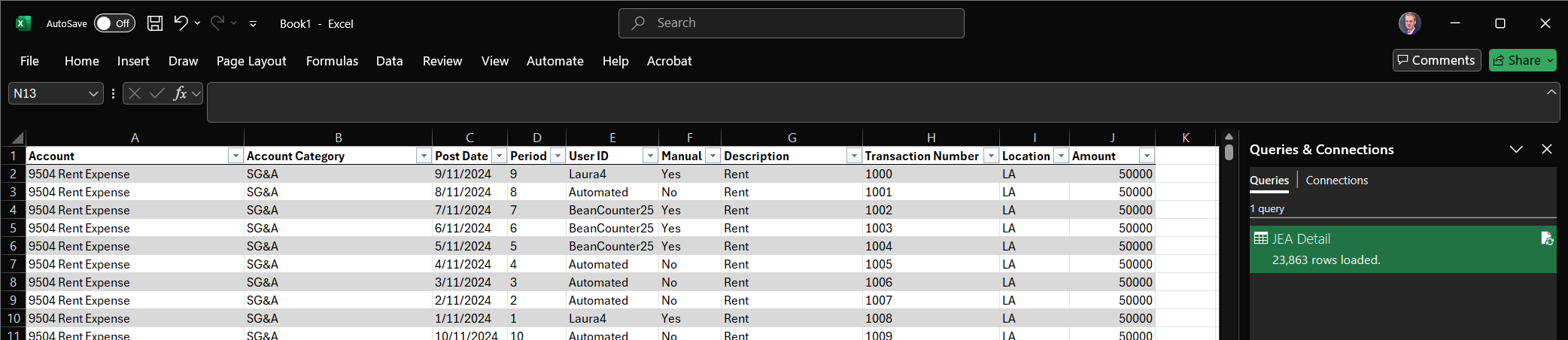 The Power Query editor with the raw JEA Detail.txt data loaded, report header rows still present above the real table.