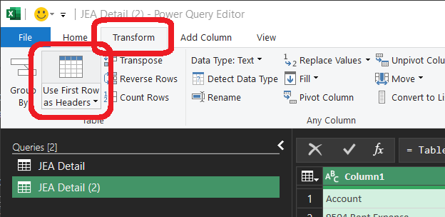 Power Query after promoting the first data row to column headers, so the ten real column names appear as headers.