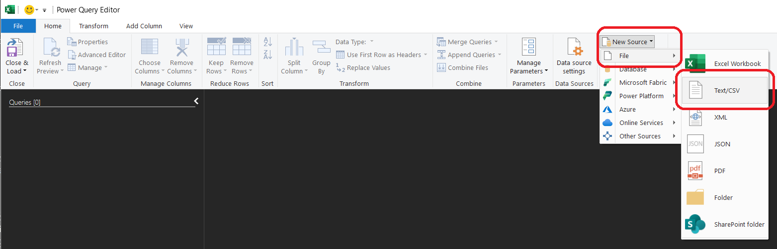 The file picker dialog with JEA Detail.txt selected, ready to open in Power Query.