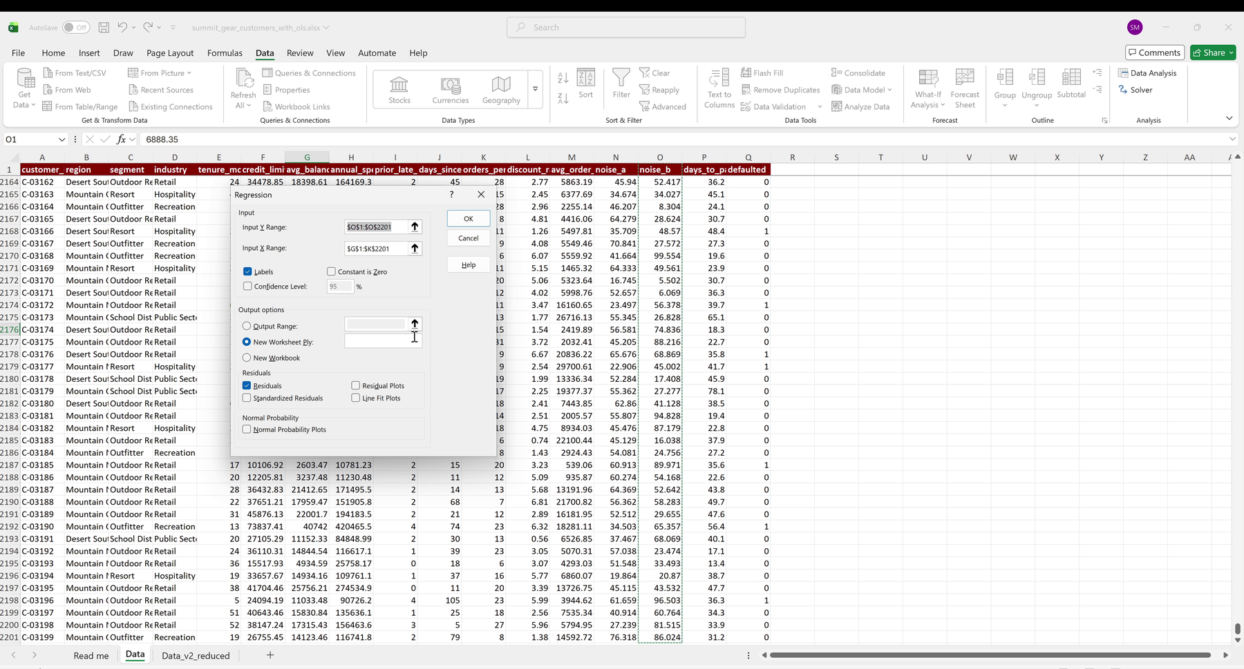 Excel Regression dialog with the days_to_pay Y range and the E-through-O predictor X range set, Labels checked